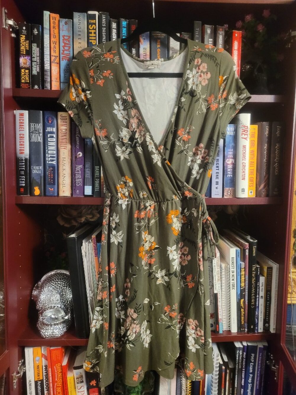 Super Soft Army Green Floral Faux Wrap Dress